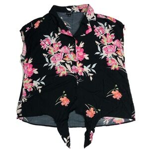Torrid Blouse Women Size 0 Black Floral Front Tie Button Up Sleeveless Tropical